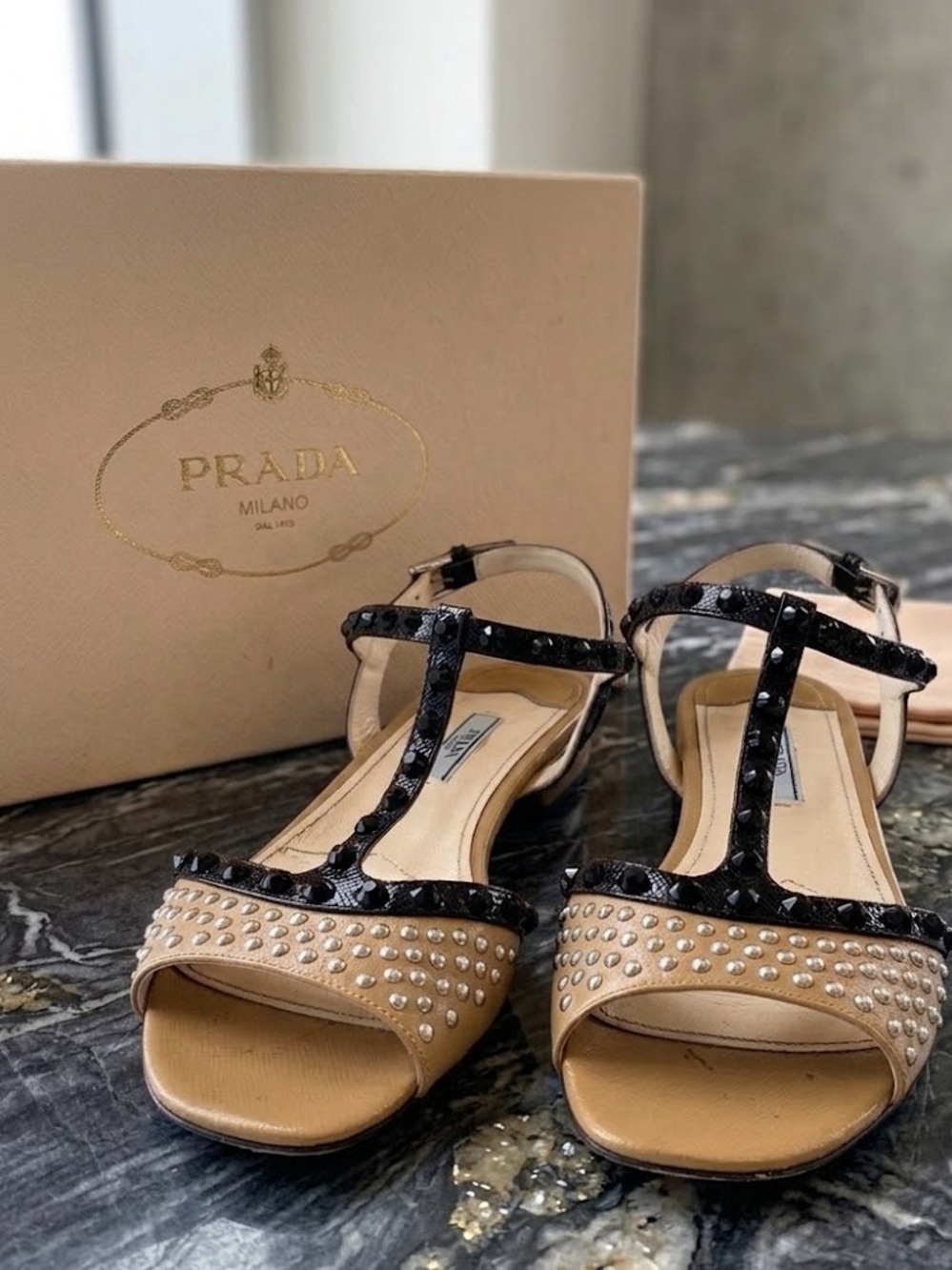 Prada Studded T-Strap Sandals Black Patent Nude Leather 39.5 Box